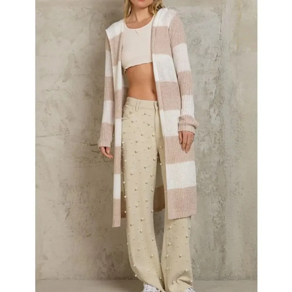 POL Tan Ivory Striped Long Knit Hooded Cardigan Sweater Open Front Size Small